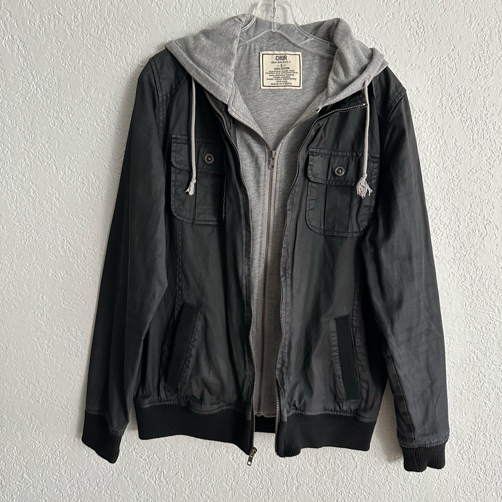 CHOR Unisex Faux Layered Hoodie Jacket Black/Grey Size S